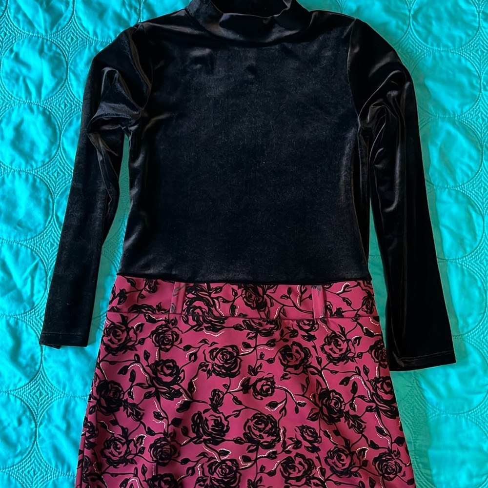 Knitworks girls size medium ruby color, black velvety dresss with roses